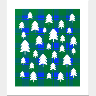 Christmas Tree Pattern on Green and Blue Check Posters and Art